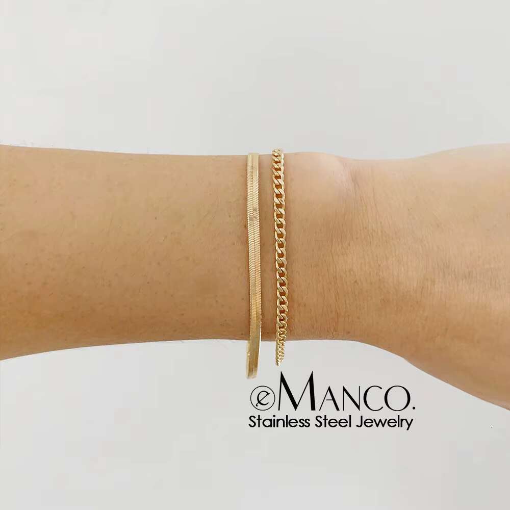 EManco HOT Gold Plated Stainless Steel Herringbone Cuban Link Chain Snake Chain Bracelet Set for Women