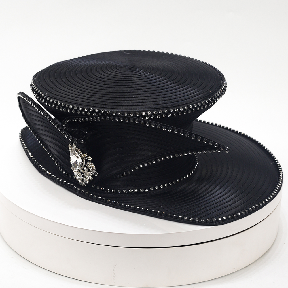 Elegant Blue Church Hat for Women - Wide Brim Derby Hat with Rhinestone Brooch for Race Day, Tea Party, Wedding & Sunday Church