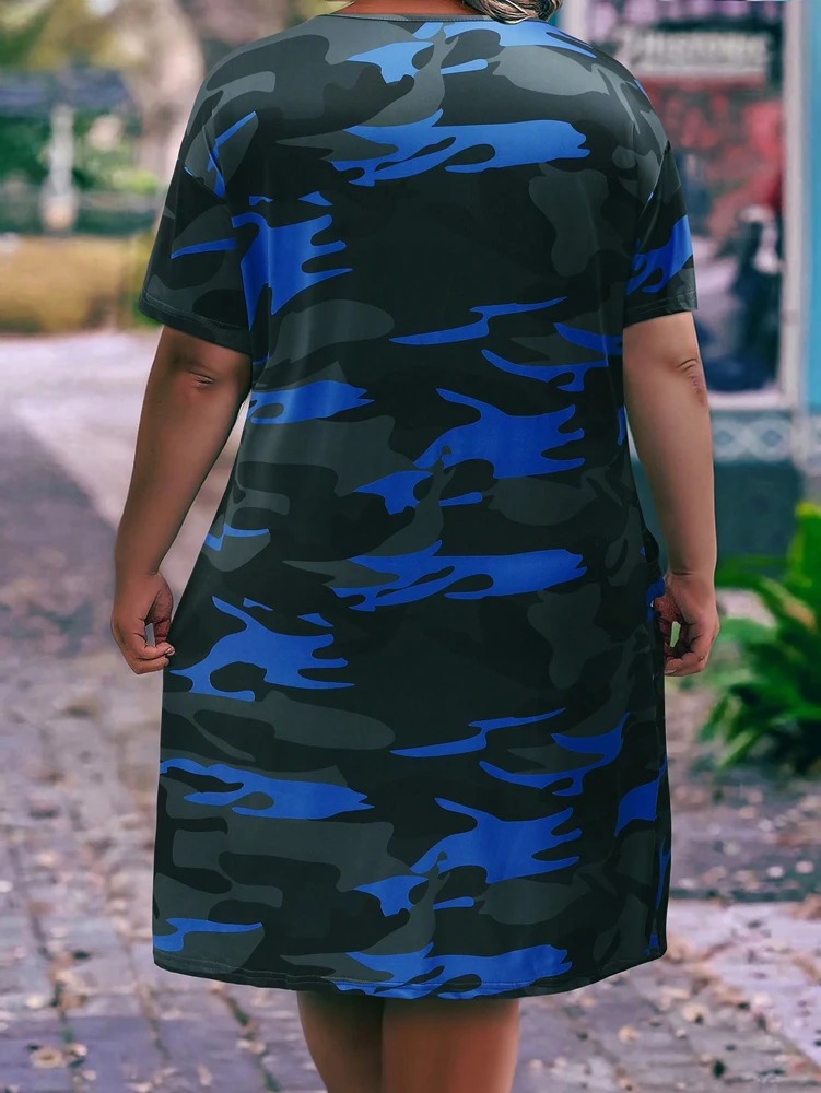 Plus size Vneck camouflage print pocket shortsleeved dress summer models casual loose polyester material 2025 250613