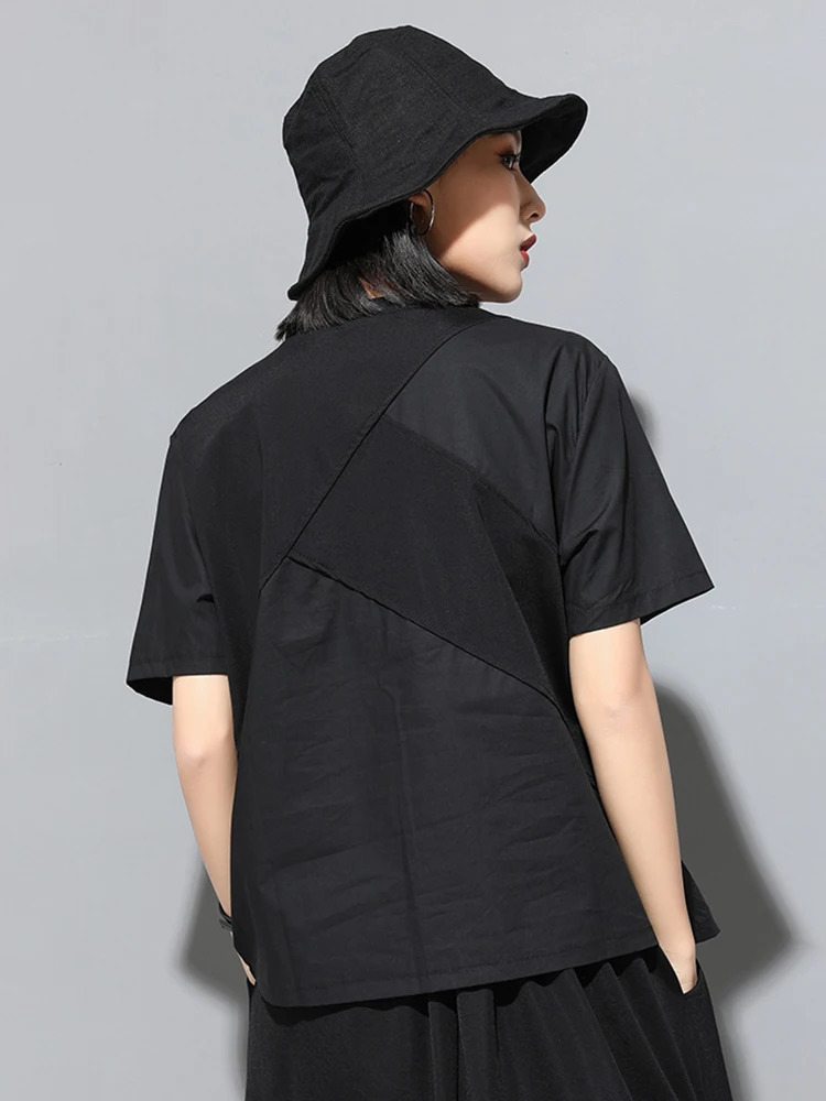 EAM Women Black Hollow Out Spliced Casual Big Size T-shirt Round Neck Short Sleeve Fashion Spring Summer 1DF4780 250614CJ