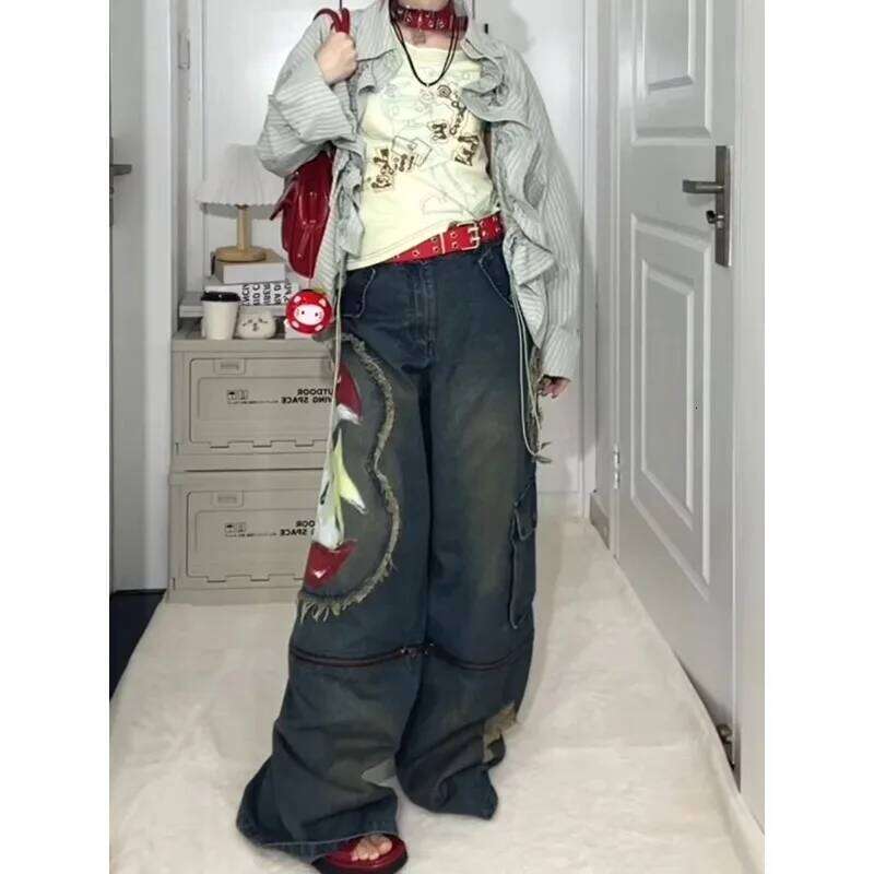2025 Designer Jeans 2025 Fall Winter American Retro Plus Graffiti Printed Jeans Women y2k Removable Oversized Street Clothing Girl Fashion