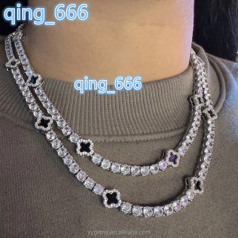 Accept Customized Natural Clover Black Agate White Gold Plated Tennis Chain Necklace Moissanite Silver Chains Jewelry Necklace