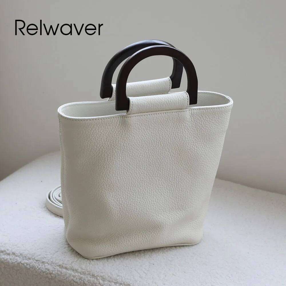 Luxury Designer bags Relwaver women tote genuine leather bucket 2005 autumn winter small shoulder wooden handle cross body bag