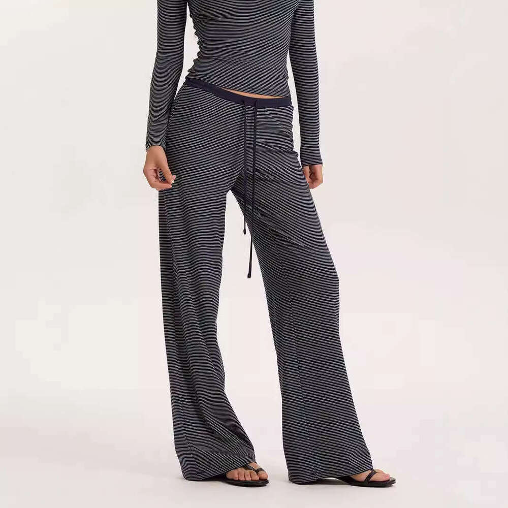 Trendy Niche Striped Design For Women With Drawstring Loose Casual Straight Draped Floor-Length Pants B5