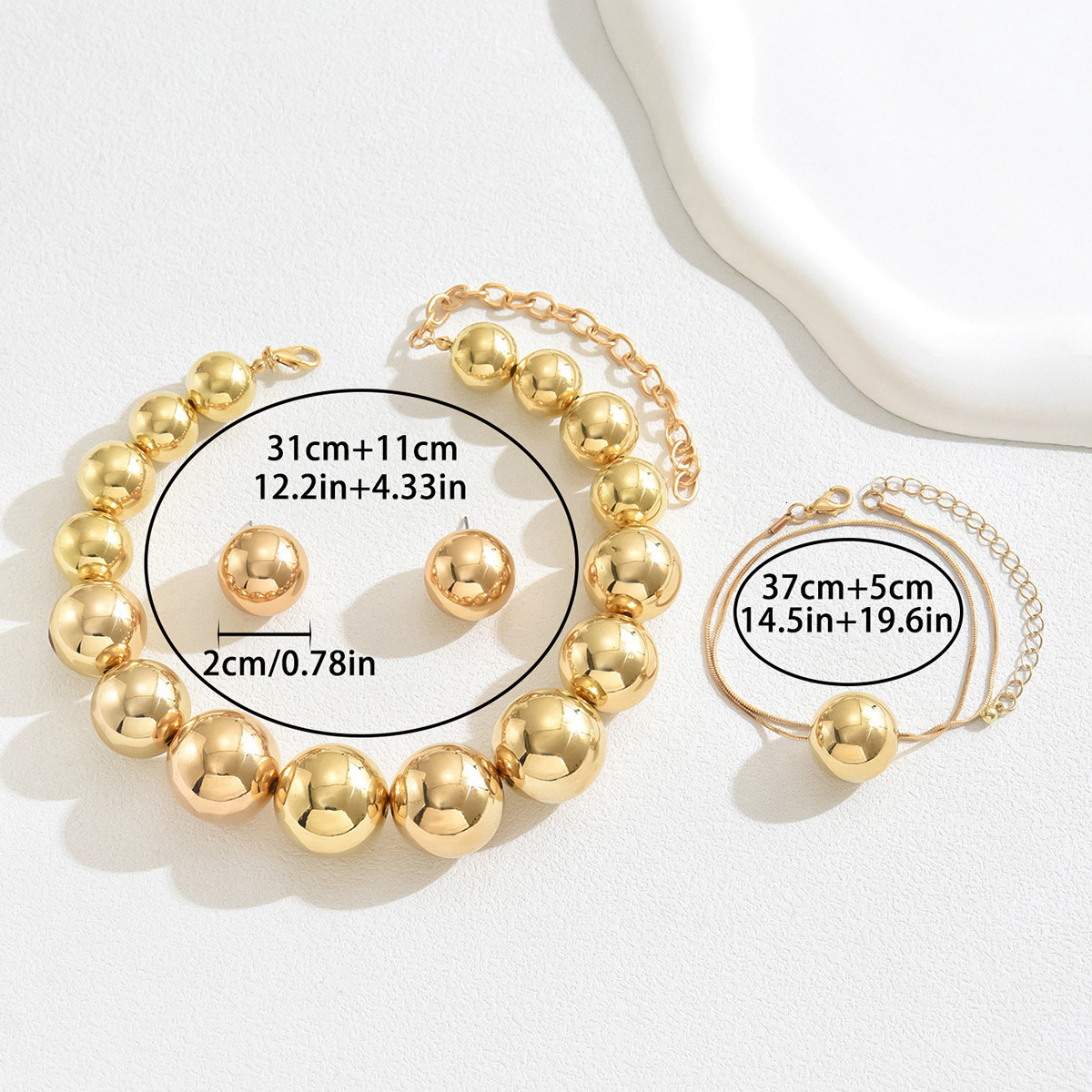 Fashion Commuter Style Bracelet Necklace Earring Light Round Ball Design Jewelry Set