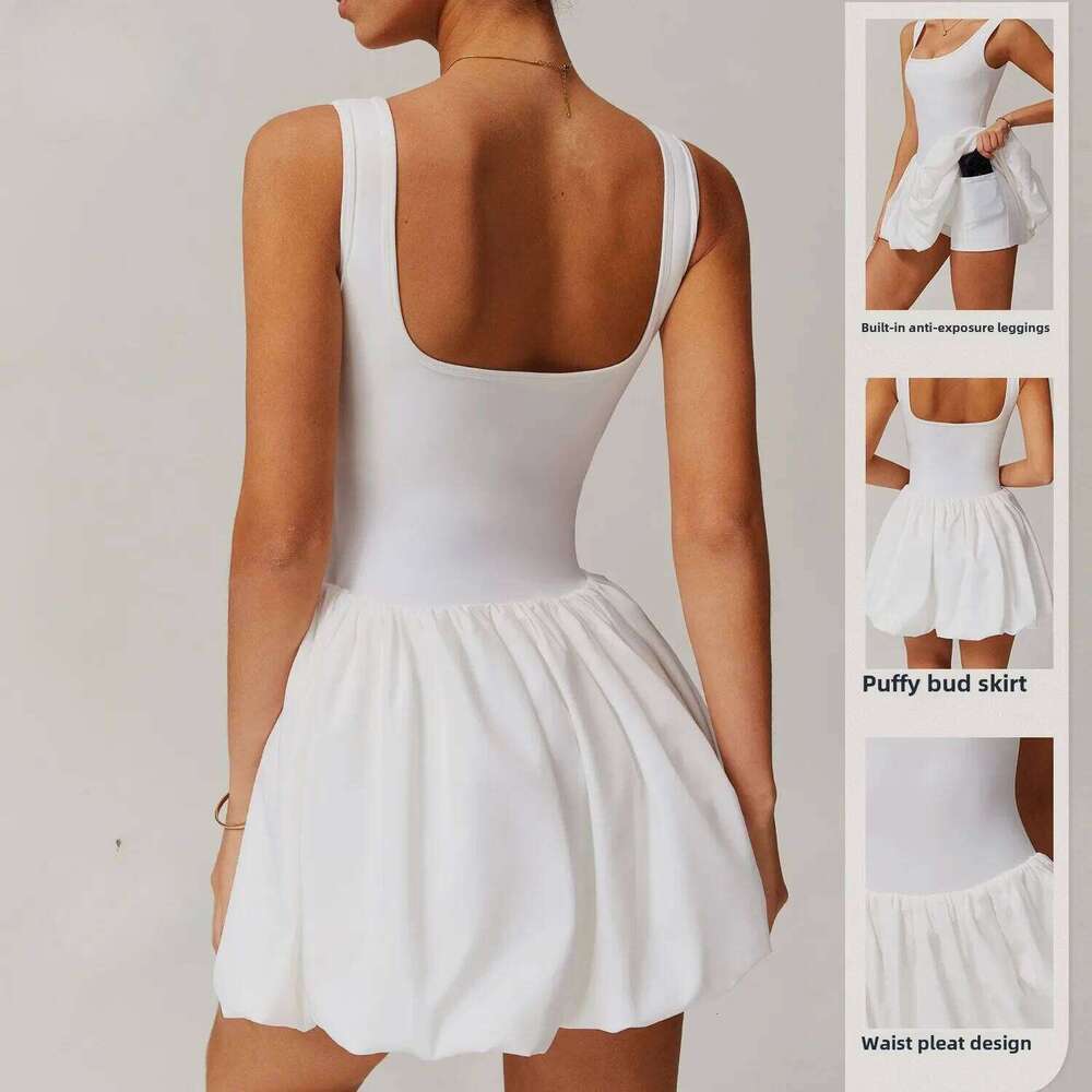 Custom women's nude fake two-piece sports dress anti-light inner pocket running fiess tennis skirt