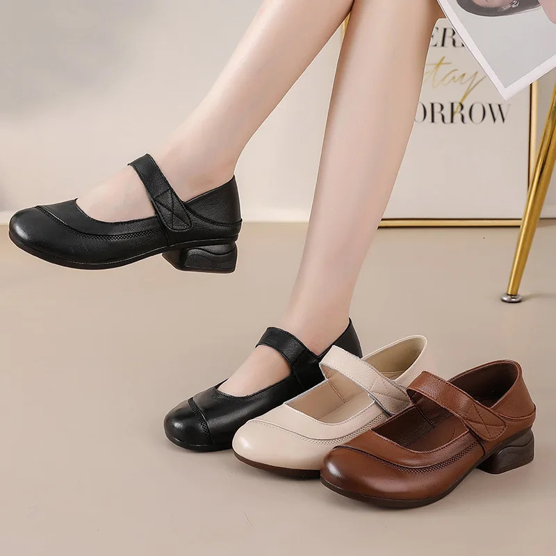 antique cow leather mary jane shoes womens small pressure pumps office ladies formal commute woman square low heels 250624