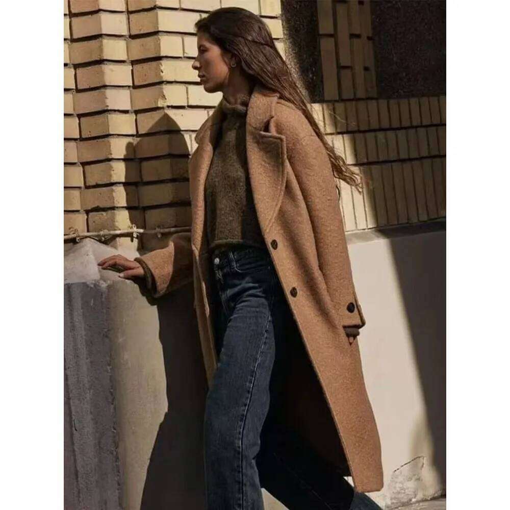 Woolen 2024 Autumn Winter New Fashion Notched Single Breasted Female Overcoat Long Sleeve Casual Lady Trench Coat