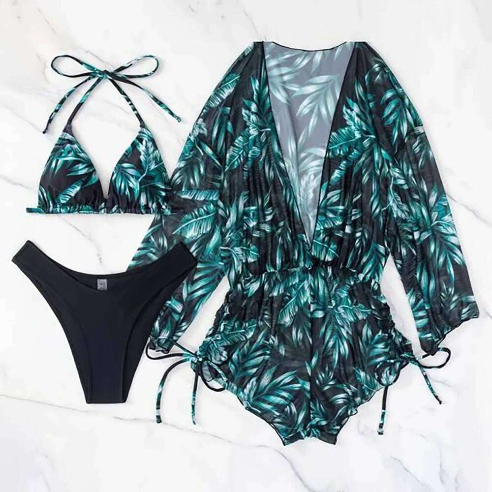 Sexy Beach Bikinis Three Pieces Cover Up High Waisted Bikini Set Women Swimwear Print