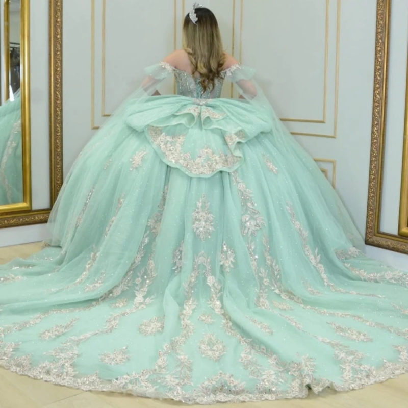 Glitter Mint Green Quinceanera Dresses Ball Gown Sequin Lace Applique Beading Crystal Bow Tull Sweet 16 Dress Vestidos De 15 Anos