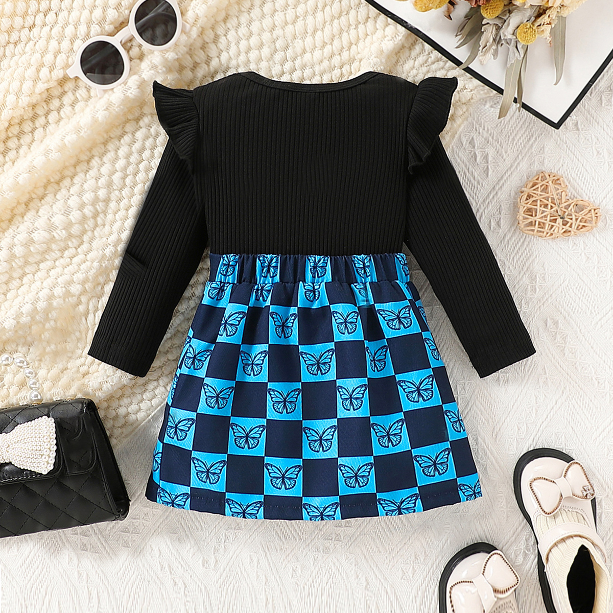 2-piece set of fashionable and casual solid color flying sleeve round neck long sleeved triangle jumpsuit and butterfly printed short skirt for baby g