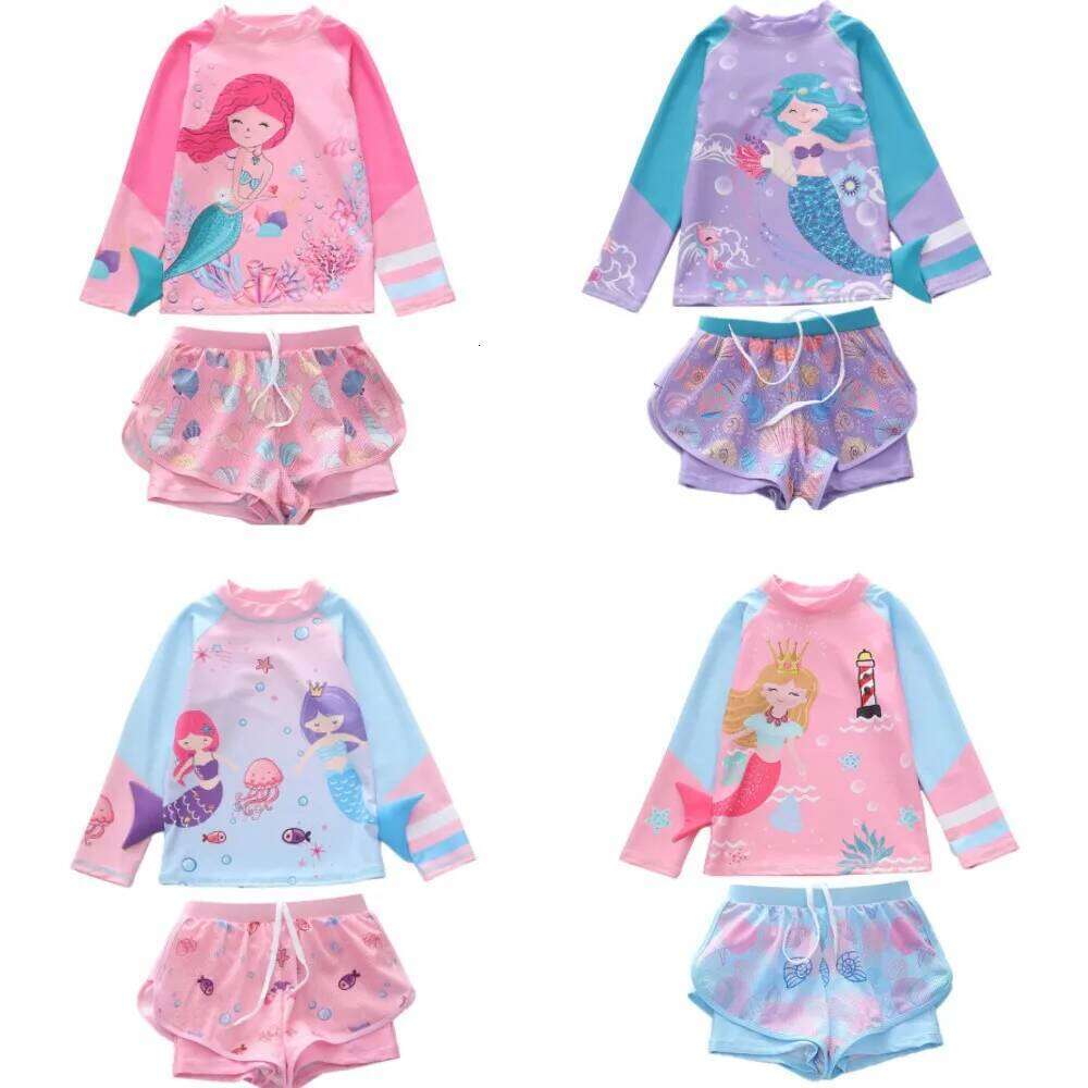 Girls Rash Guard Swimsuit Two Pieces Long Sleeve Mermaid Bathing Suit Pants Skirt Children's Beach Sport Swimwear