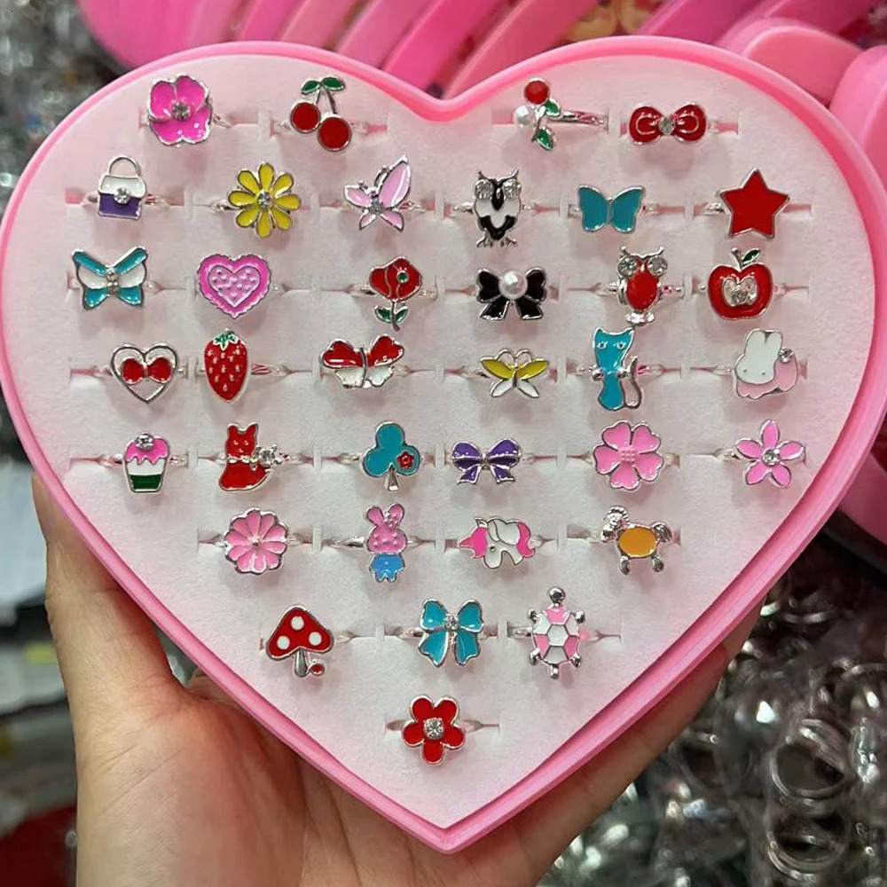 5/10/36Pcs Cute Cartoon Kids Rings Kawaii Korean Children Girls Enamel Flower Crown Finger Ring Child Jewelry 250624