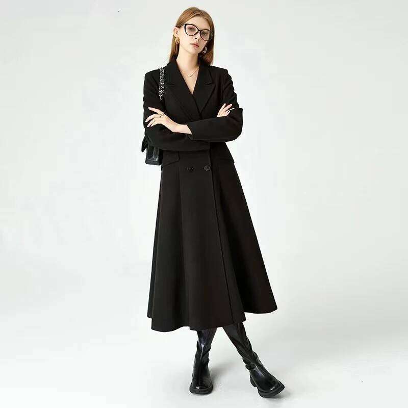 Black Faux Woolen Coats Women Winter Elegant Hepburn Style Suit Collar Long Jacket Fashion Waist Thicke Warm Blends Outwear