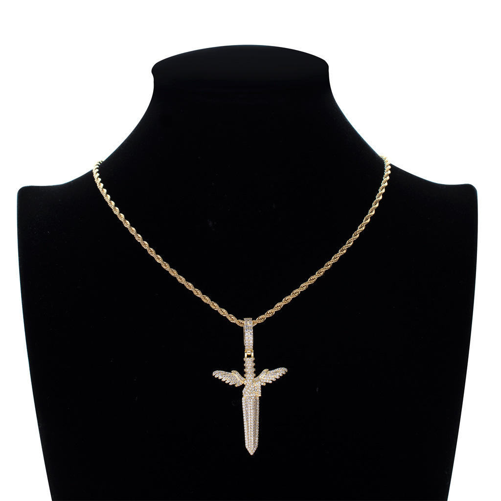 Luxury Moissanite Bling Iced Out Angel Sword Pendant Diamond Studded Hip Hop Necklace Trendy Versatile Accessory Pass the diamond tester