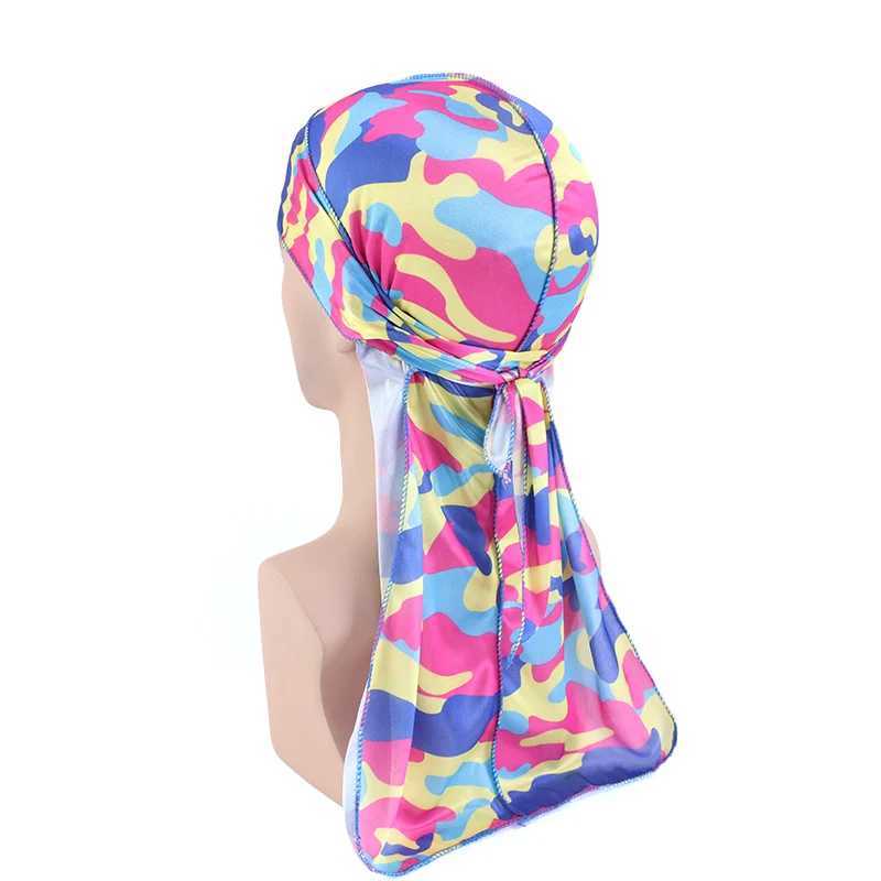 New Arrival Fashion Camouflage Printed Long Tail Pirate Hat Silky Satin Durags Bandana Mens Silky Durags Turban Hat Adjustable Headwrap U250623