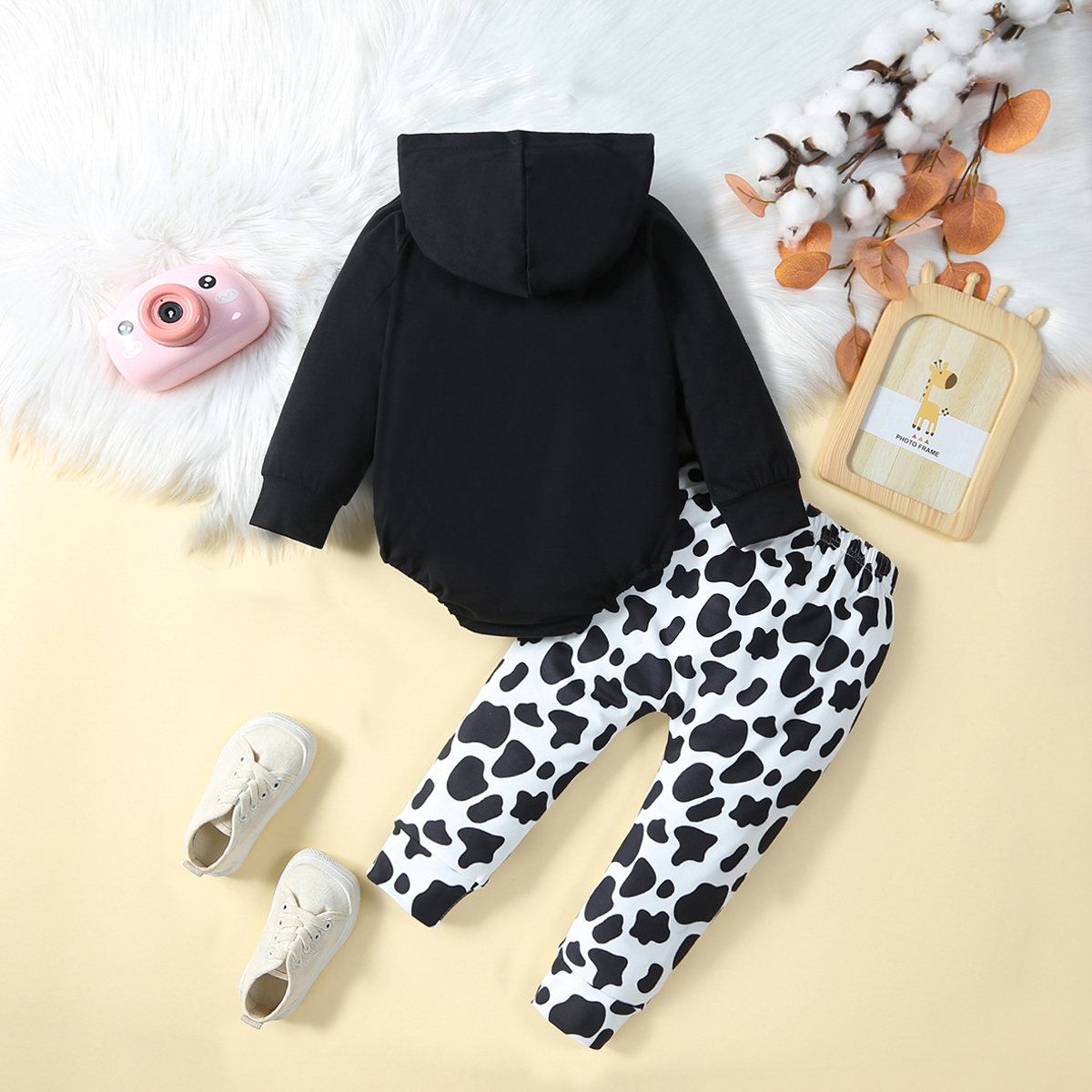 Spring and Autumn Baby Boy Letter Cow Printed Hoodie Pants Cute Casual Cow Spotted Full Pattern Pants Set