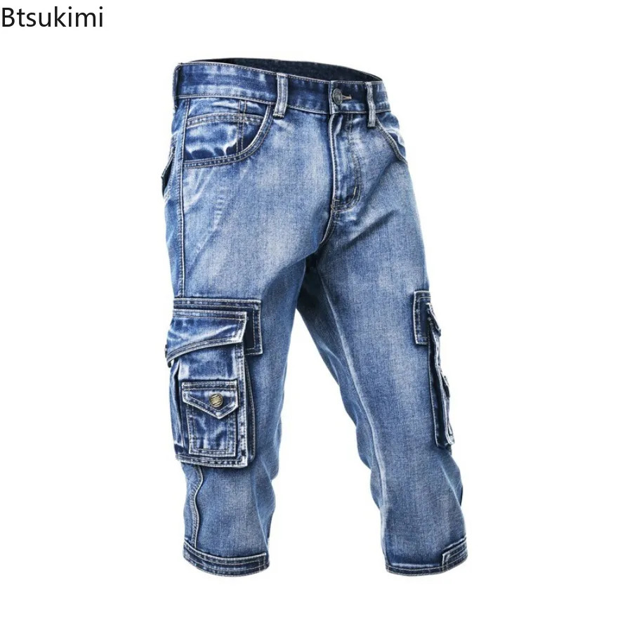 Summer Mens Cargo Denim Shorts Fashion Streetwear Multi Pockets Elastic Slim Straight Jeans Male Casual Joggers Pants 250617