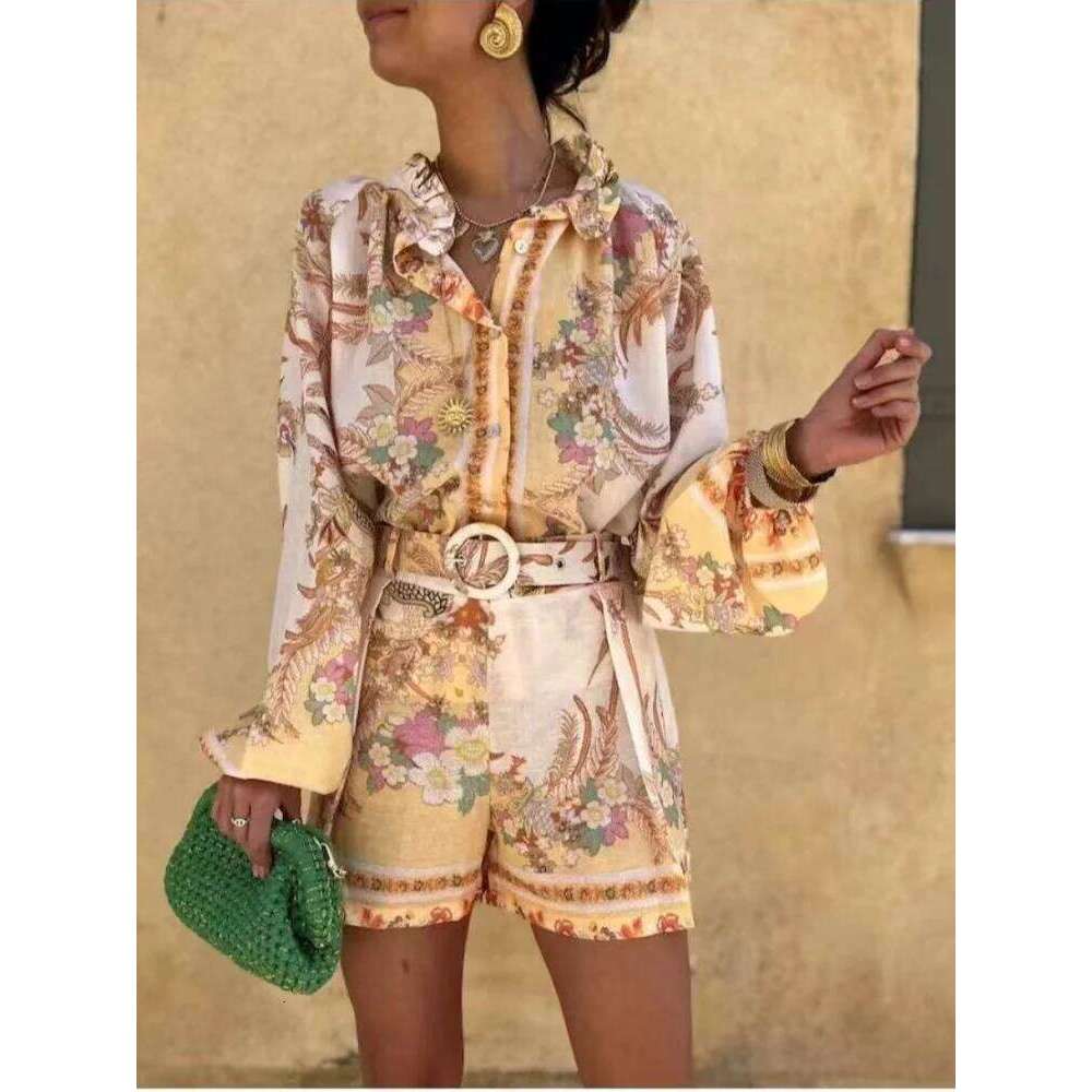 Vintage Printed Lantern Sleeve Button Shirt Set Casual Elastic Waist Wide Leg Short Pants Suit For Women 2025 Summer Street Wear