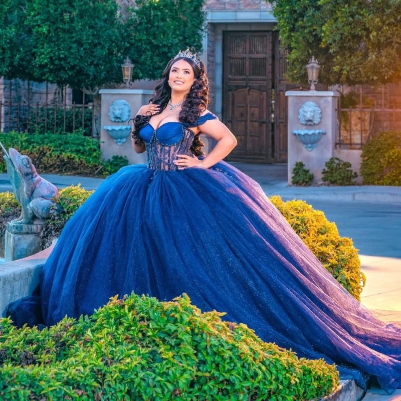 2025 Royal Blue Shiny Quinceanera Dresses Ball Gown Lace Applique Beading Crystal Tull Mexico Corset Sweet 16 Dress Vestido De 15 Anos