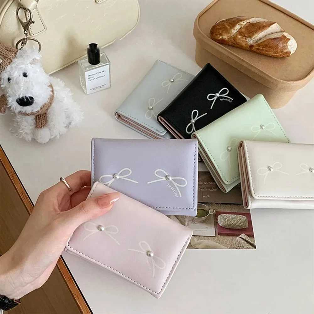 Cute Bow Short Folding Wallet Korean Style Handheld Waterproof Mey Bag Coin Purse Japanese Female PU Leather Photo Card Holder XJ250624