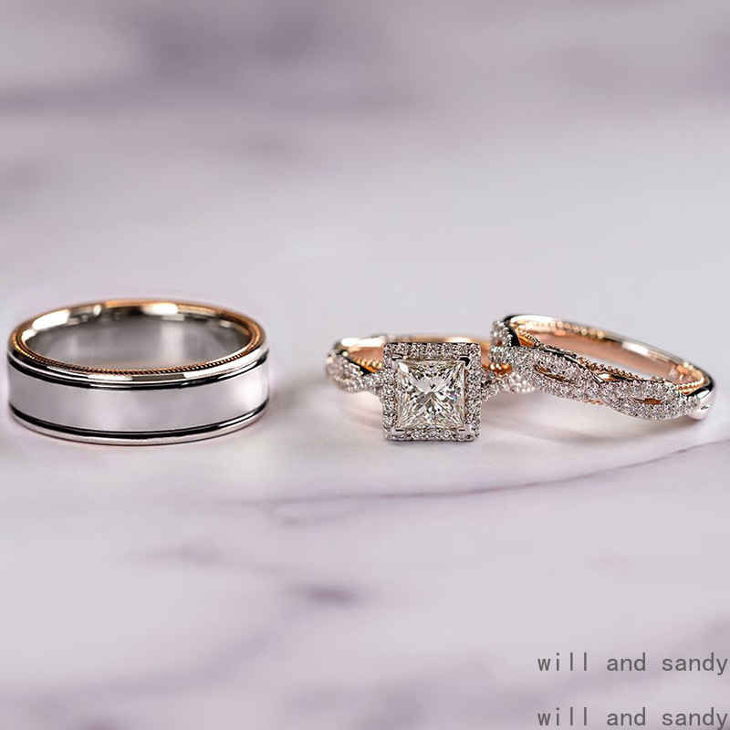 Couple Cubic Zirconia Diamond Rings Engagement Wed Ring Band Charm Sterling Silver Plated Designer Jewelry Set for Women Man Gift Mother Birthday Vale