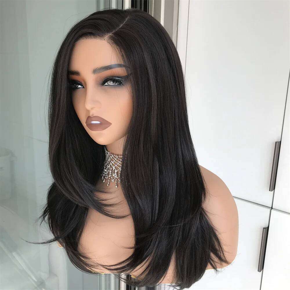 Layered Straight Wear and Go Glueless Wig Synthetic Lace Front Wigs for Women Side Part 18inch Natural Black Color Daily Use