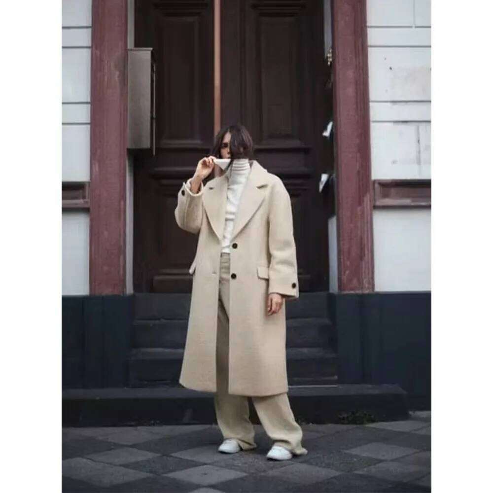 Woolen 2024 Autumn Winter New Fashion Notched Single Breasted Female Overcoat Long Sleeve Casual Lady Trench Coat