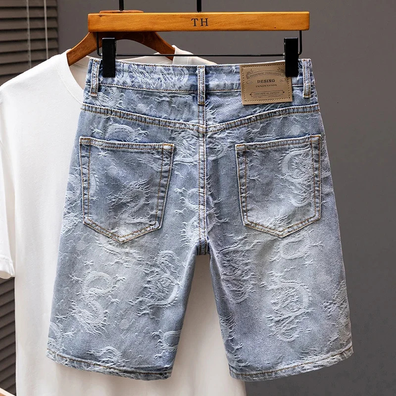 summer Personalized Pattern Denim Shorts Mens Five Quarter Pants Straight Tube Loose Trendy Dragon Pattern Beach Sports 250617