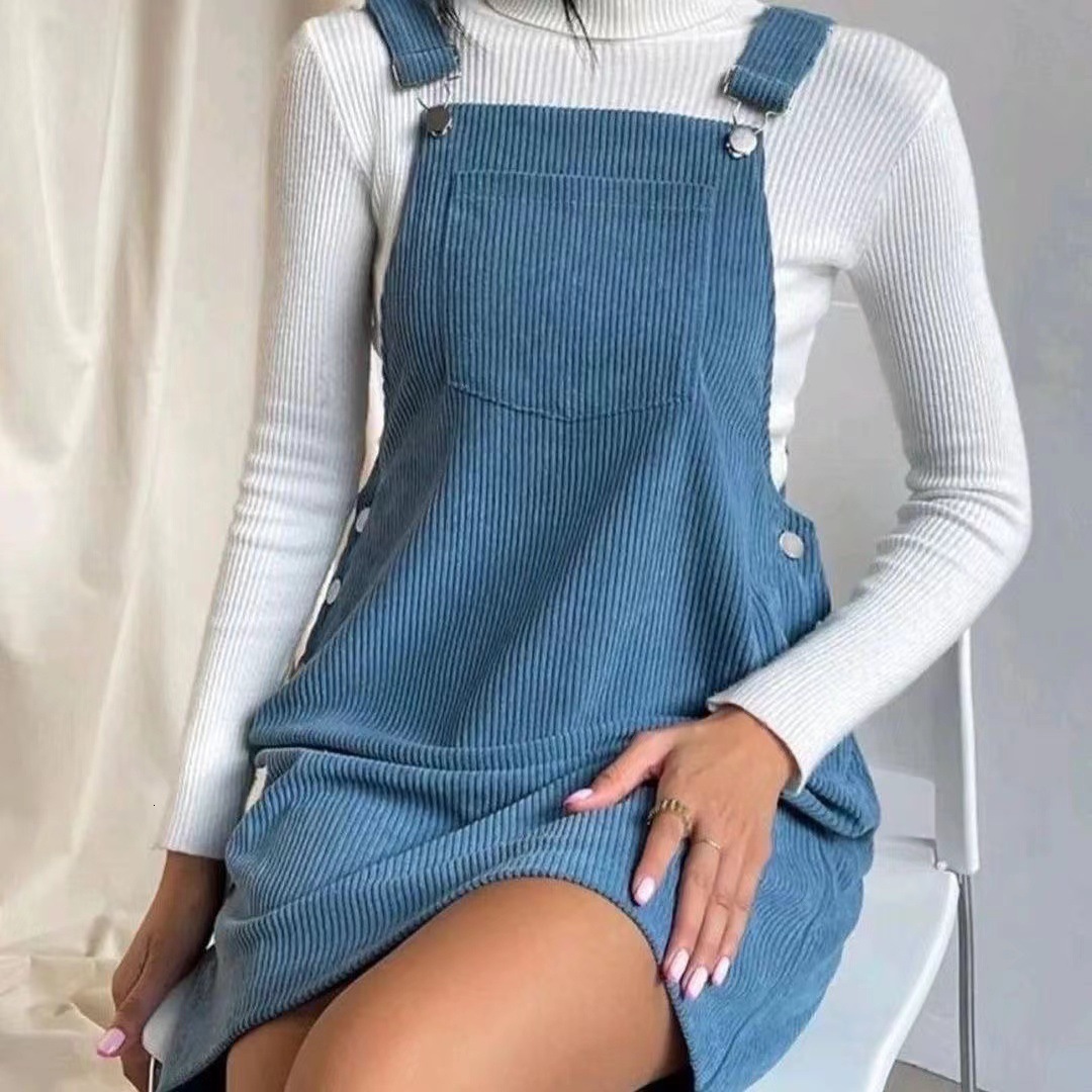 New Spring Corduroy Loose Sleeveless Strap Dress Solid Color Slip Dress 210413