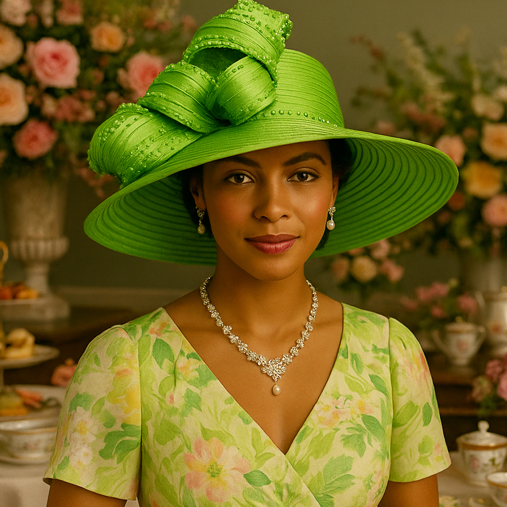 Elegant Green Church Hat for Women Wide Brim Tea Party Hat with Rhinestones, Perfect for Church, Weddings & Afternoon Tea Events
