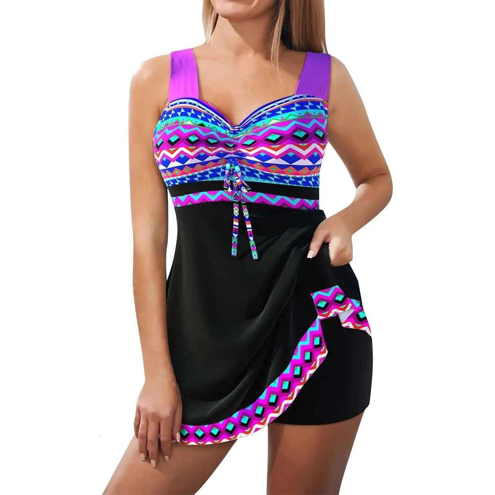 Split Swimwear Halter Lace Up Gathered Floral Printed Tankinis Women Drawstring Chest Pad V Neck Conservative Swimsuits
