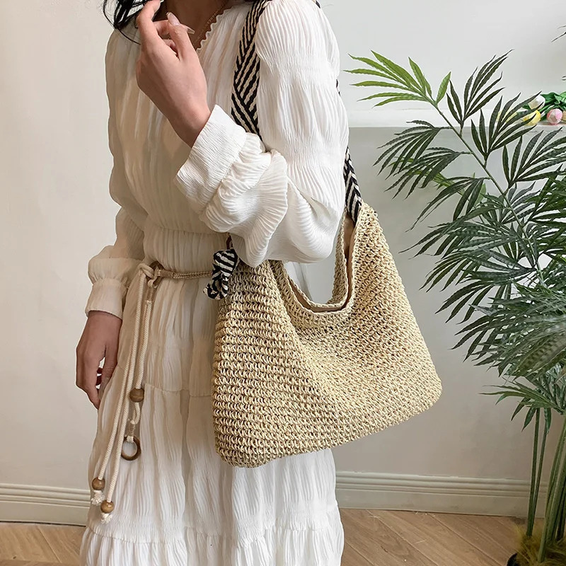 Straw Woven Beach Bag Fashion Large Capacity Knot Shoulder Straps Single Tote Travel 250624