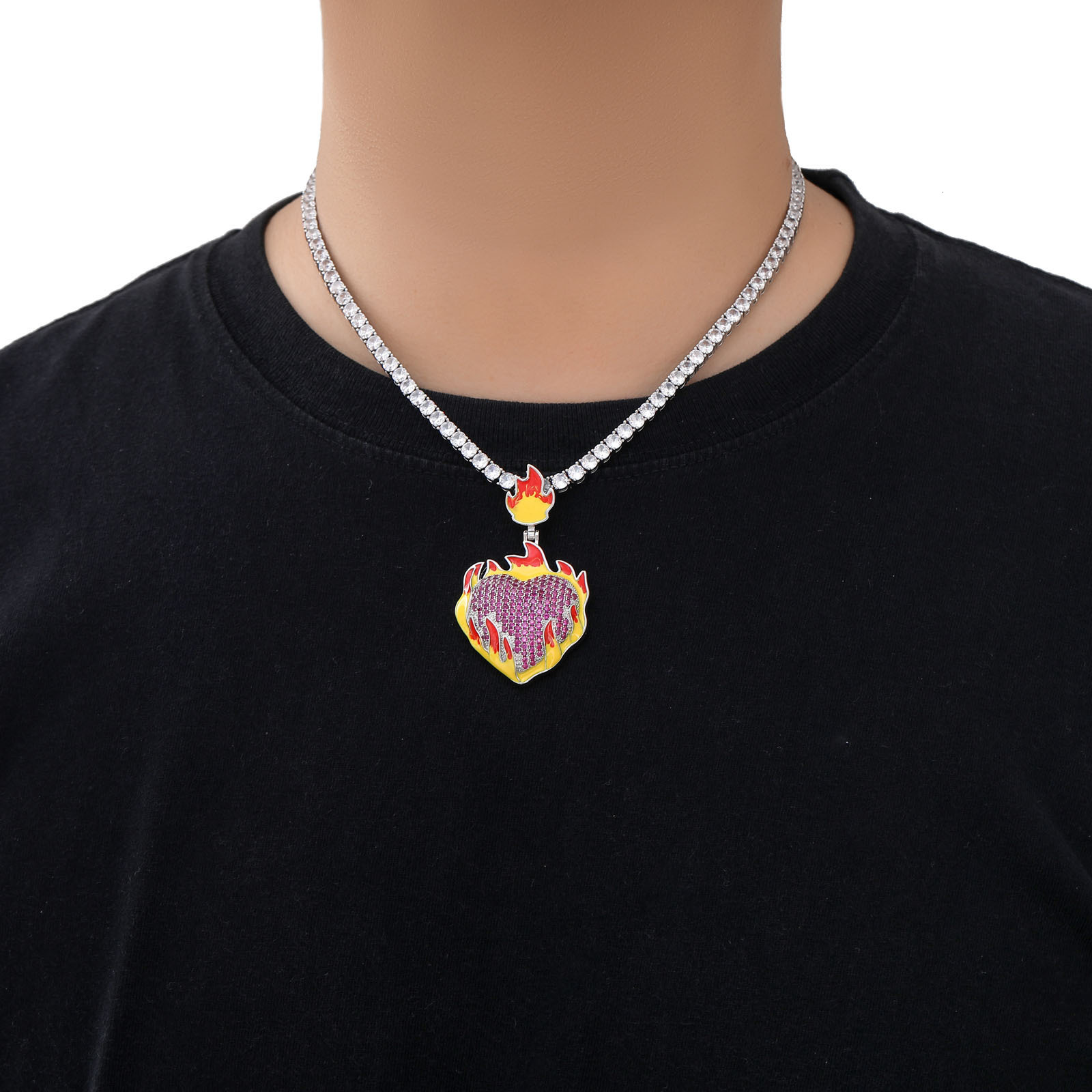 Hip Hop Burning Heart Necklace Ice Out Red Diamond Couple Style Unisex Trendy Moissanite Bling Pendant Pass the diamond tester
