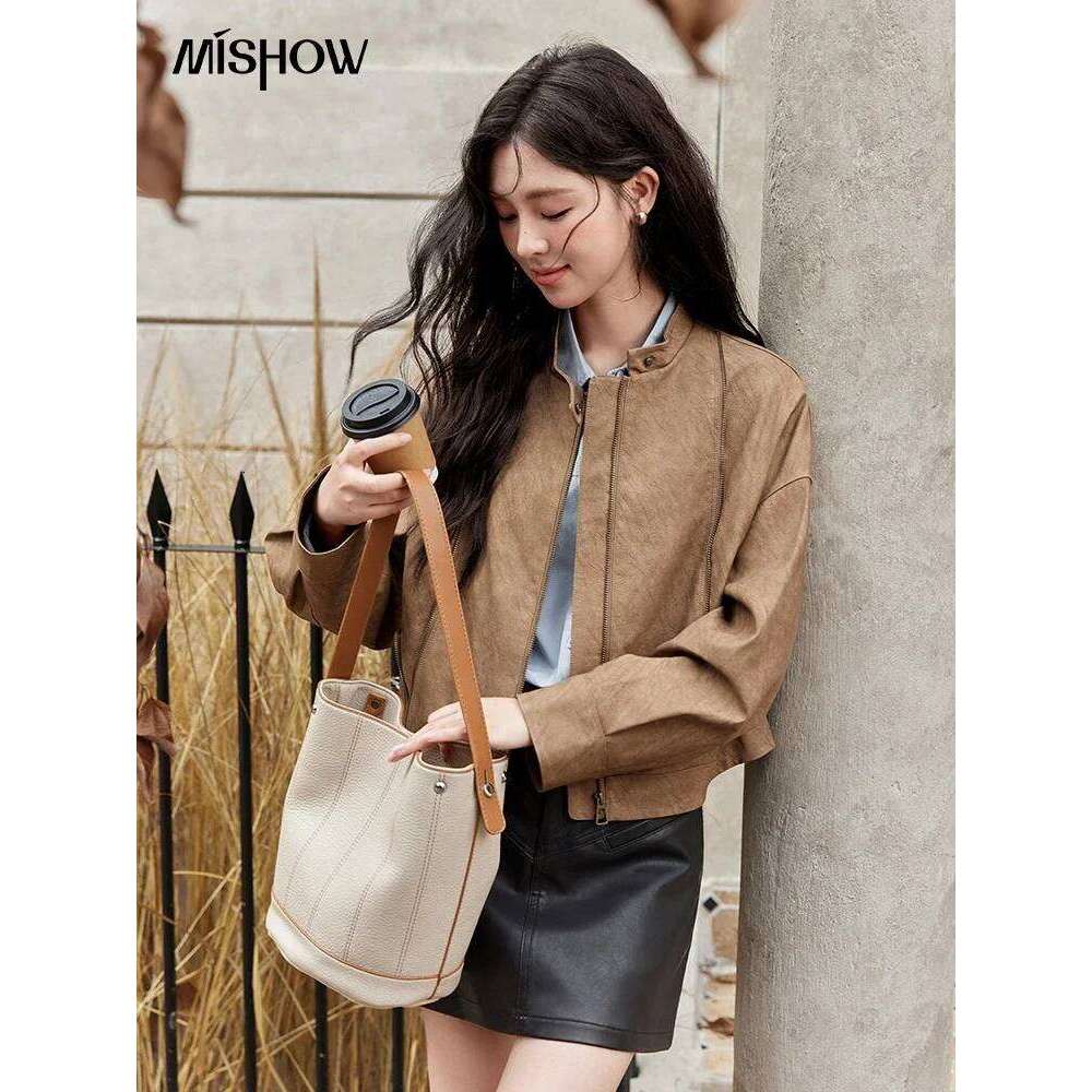 MISHOW Suede Short Jacket for Women Autumn Stand Collar Versatile Coats Bronze Metal Zipper Loose Top Streetwear MXD46W0483