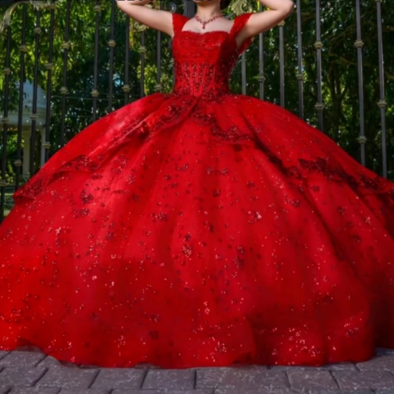 2025 Red Shiny Quinceanera Dresses Ball Gown Sequin Lace Applique Crystal Beaded Tull Sweet 16 Dress Vestidos De 15 Anos