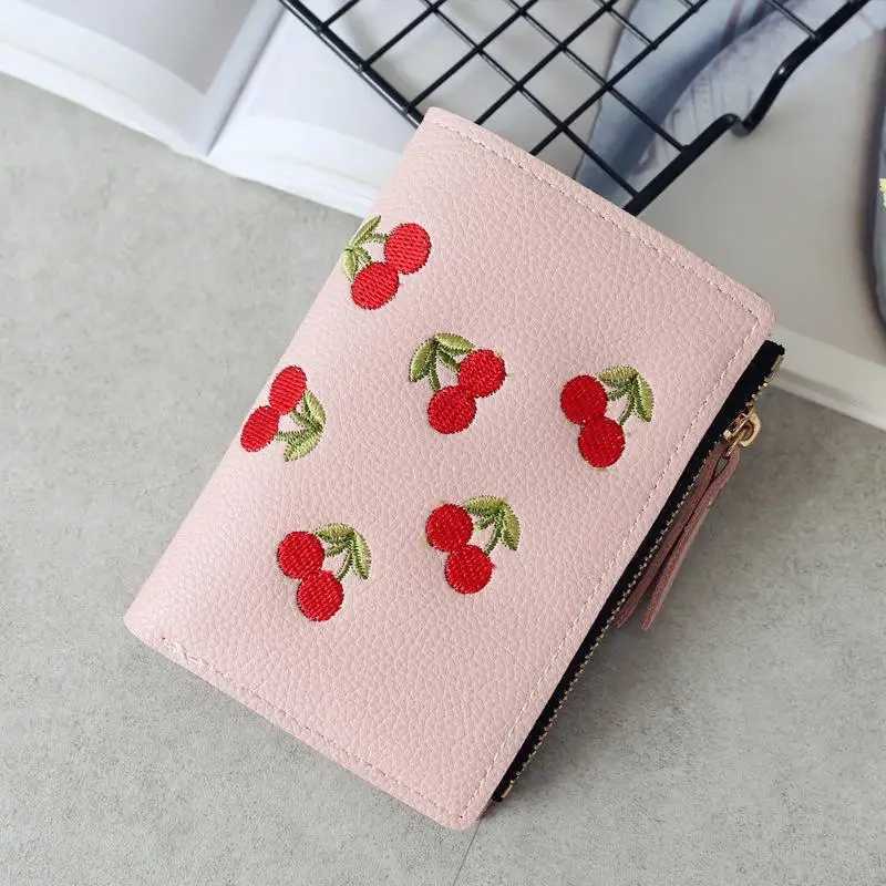 Women Vertical Buckle Cherry Embroidered Small Short Wallet Simple Wallet Girls Zipper Purse XJ250624