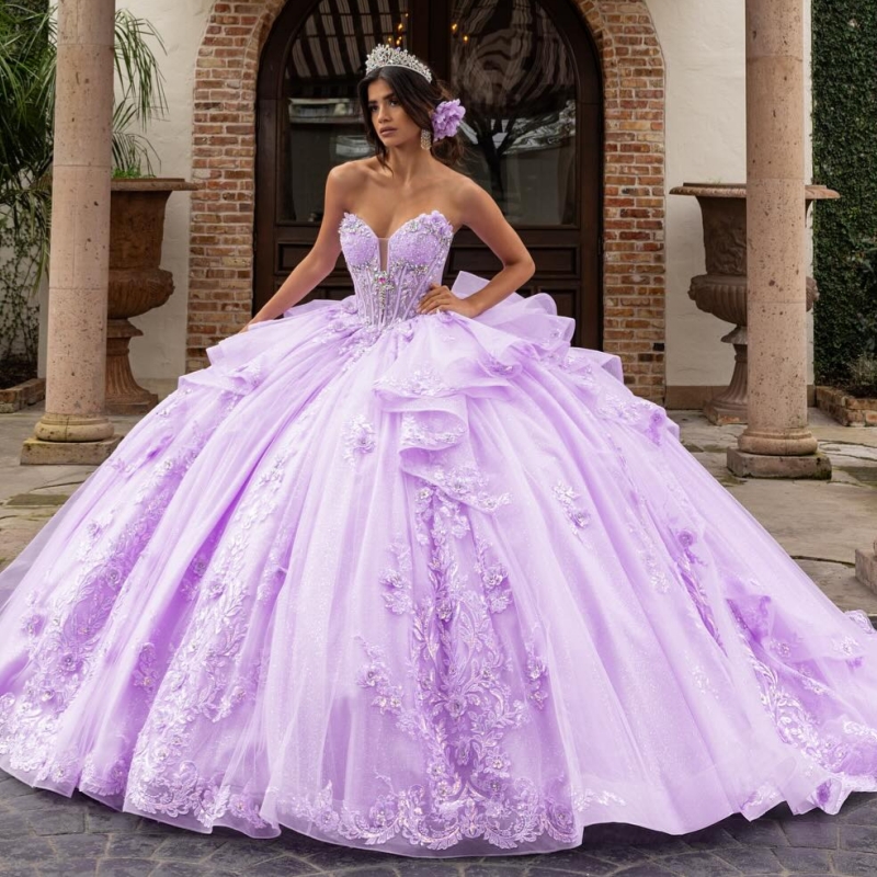 Light Lilac Shiny Quinceanera Dresses Ball Gown Off The Shoulder Applique Flower Beads Tull Corset Sweet 16 Dress Vestidos 15 Anos