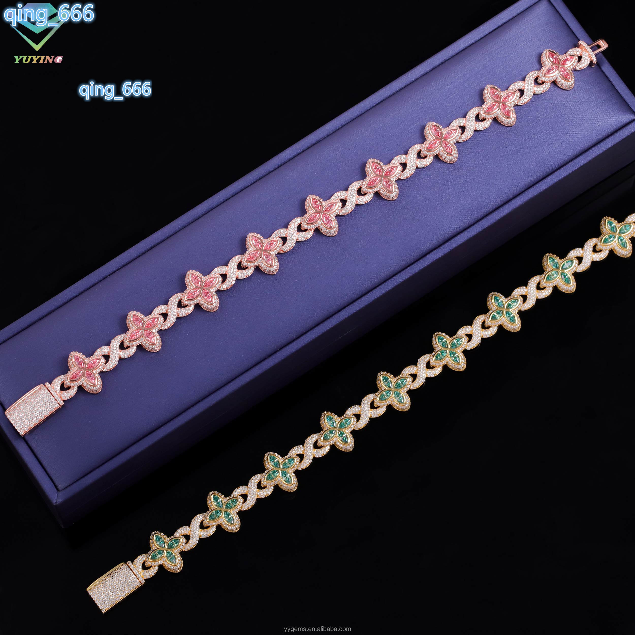 Cuban Jewelry S925 Sterling Silver Gold Clover Pink Green Blue Diamond Cuban Hip Hop Moissanite Bracelet with GRA Certificate