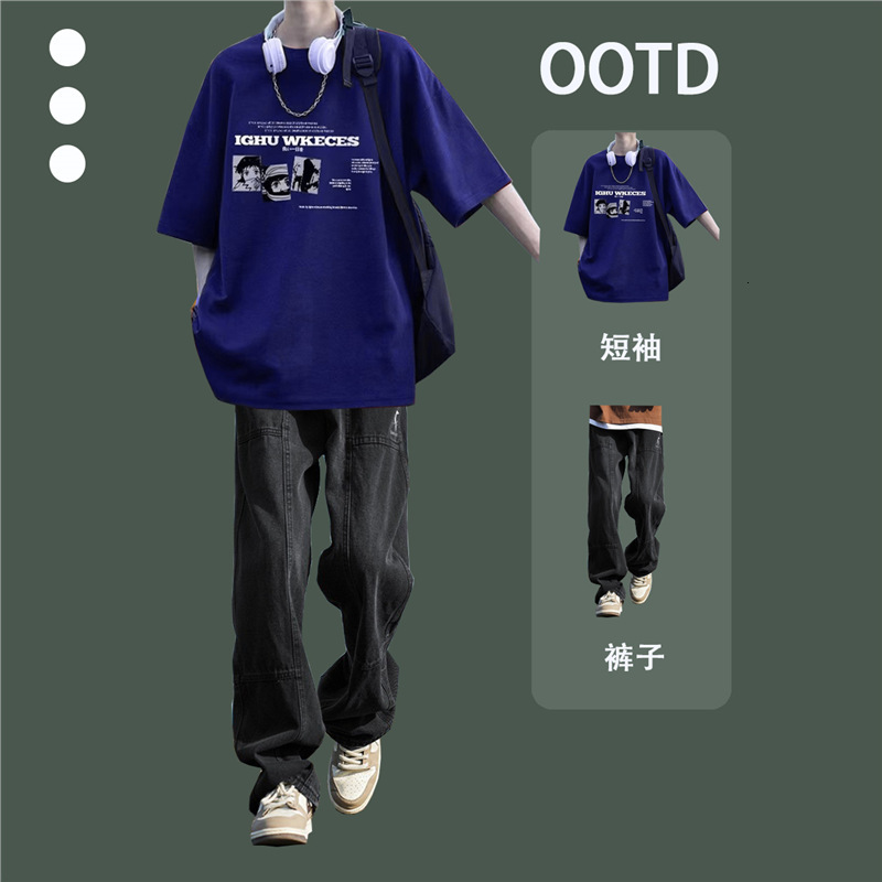 Summer Burgundy Heavy Short Sleeve Men's Youth Short Sleeve Long Pants Stylish European and American Three-Piece Set Men's Fashion Suit