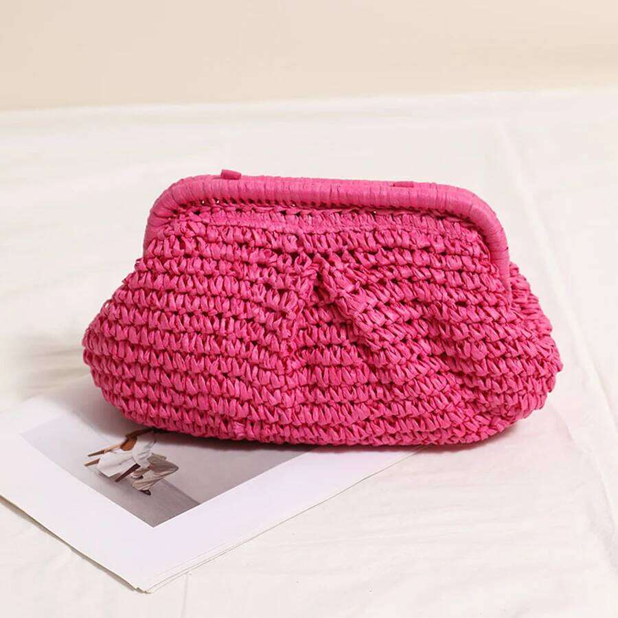 Straw Braided New Pleated Solid Color Straw Knit Clip Holiday Beach Chains Shoulder Crossbody Bag Female Purse Handbags