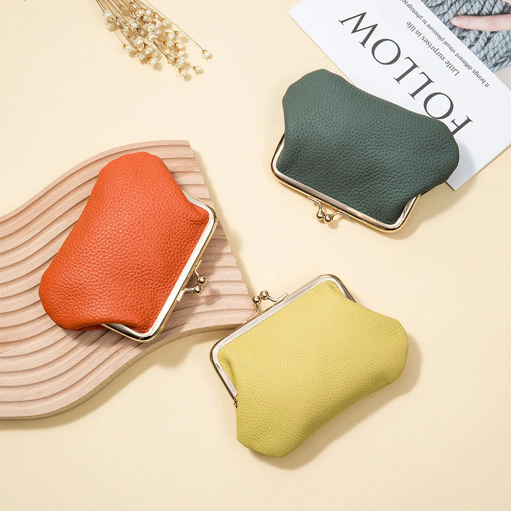 Coin Purse for Women Genuine Cow Leather Casual Card Holder Mini Storage Bag Small Short Wallet with Kiss Lock 250623