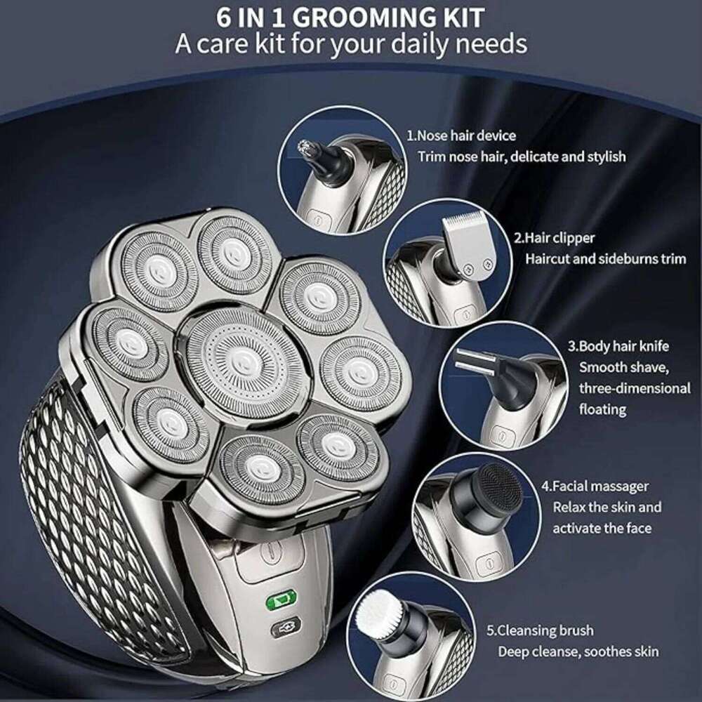 Men's Bald Head Electric Shaver 9 Blades Floating 6 In 1 Heads Beard Nose Ear Hair Trimmer Facial Brush USB Rechargeable Razor