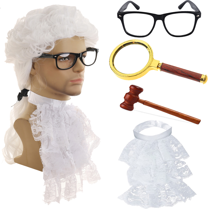 Judge Lawyer Long White Judge Curly Hair and Gray Marble Head Wig Synthetic Role Play Wig Women's Costume Wigs Judge Gavel Hammer Eyeglasses Acce