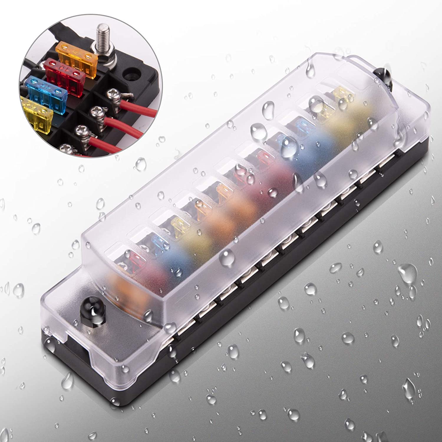 6 Way 12 Way Fuse Block Blade Fuse Box with Negative Bus, Waterproof Protection Cover Sticker Labels for 12V/24V Automotive Car Truck Boat Marine RV