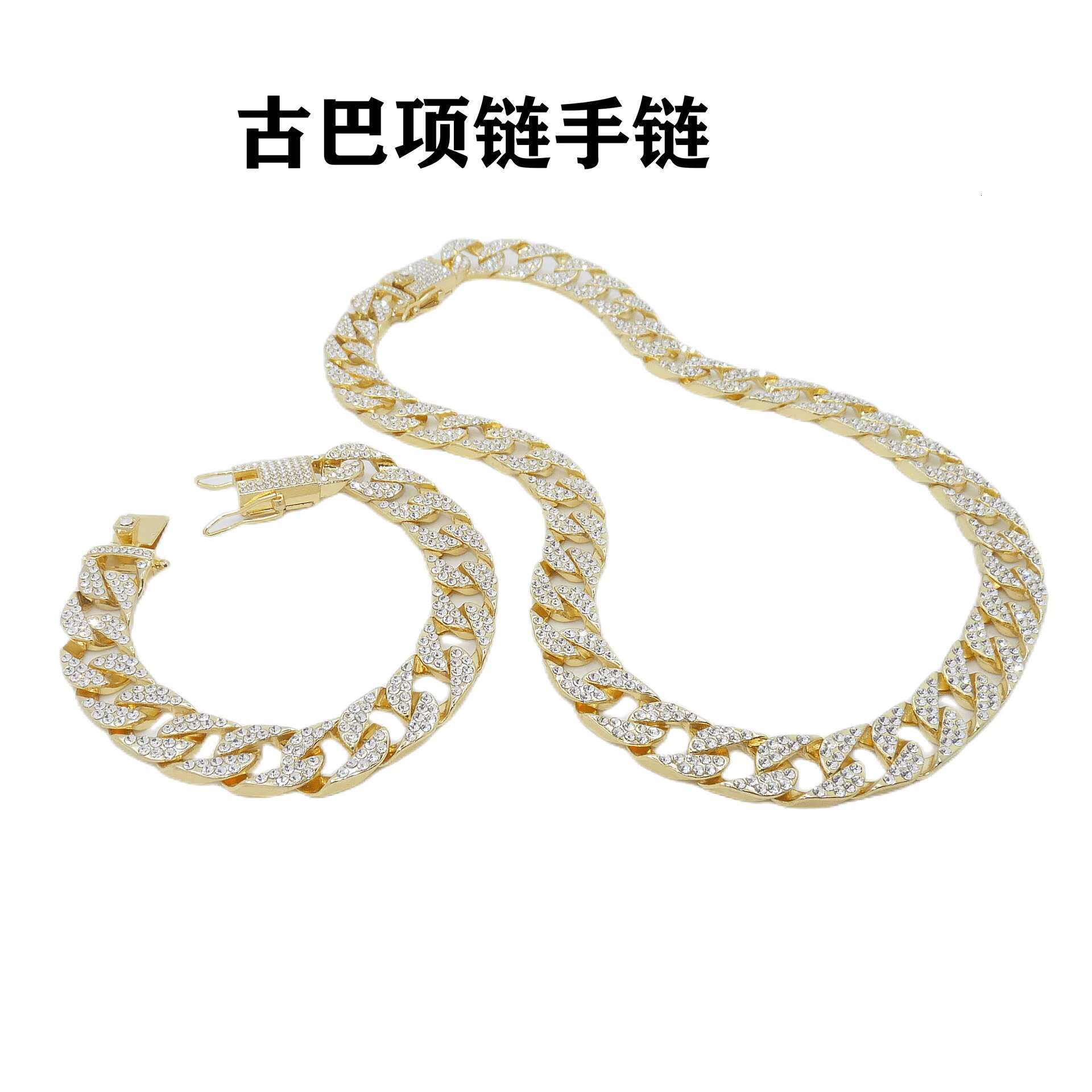 Full Diamond Hip Hop Style Cuban Chain Necklace Bracelet for Men Women Gold Plated Alloy Trendy Fashions Suit for Personalities
