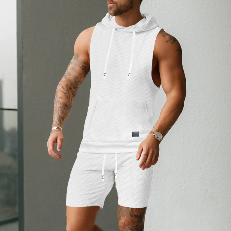 Designer men's sporty sleeveless solid color jacquard knitted hooded sleeveless European and American casual vest and shorts set