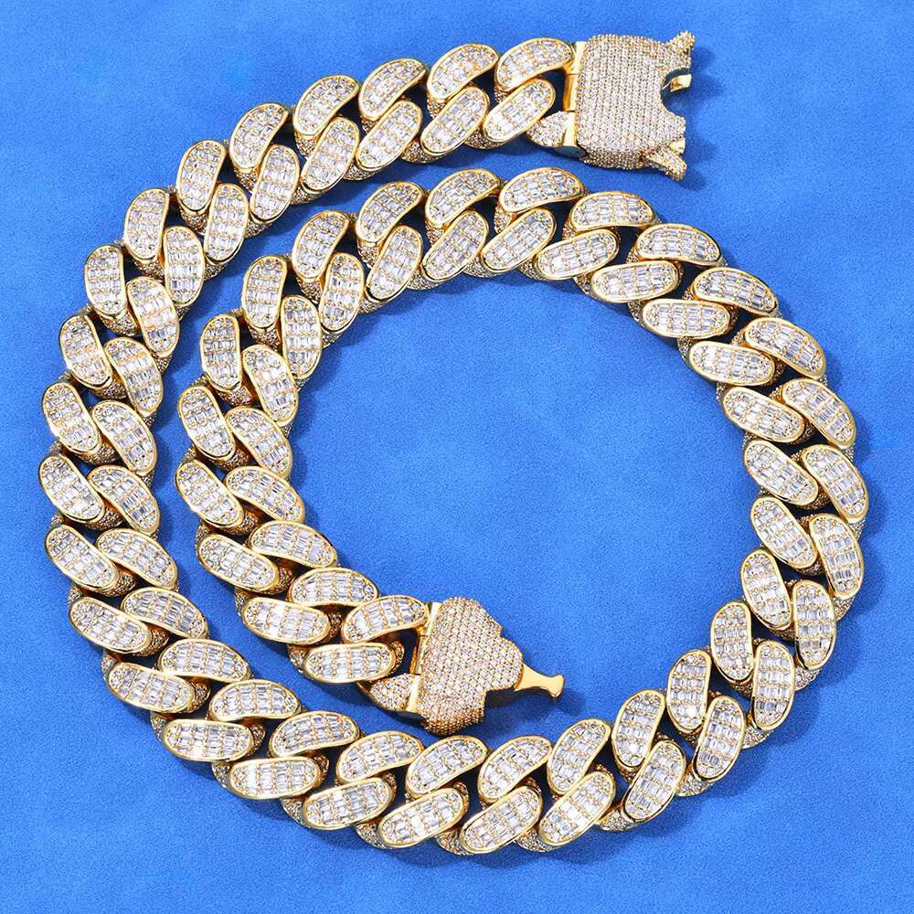 Mens Hip Hop Three-Row T-Square 925 Sterling Silver VVS D Color Moissanite Necklace Iced Miami Cuban Chain Link Jewelry