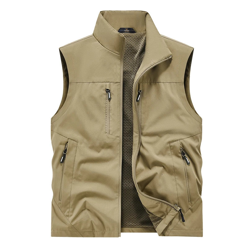 Summer Vest Jacket Waistcoats Male Breathable Mens Multi-pocket Fishing Pography Vest Mens Thin Stand-up Collar Vest 250617