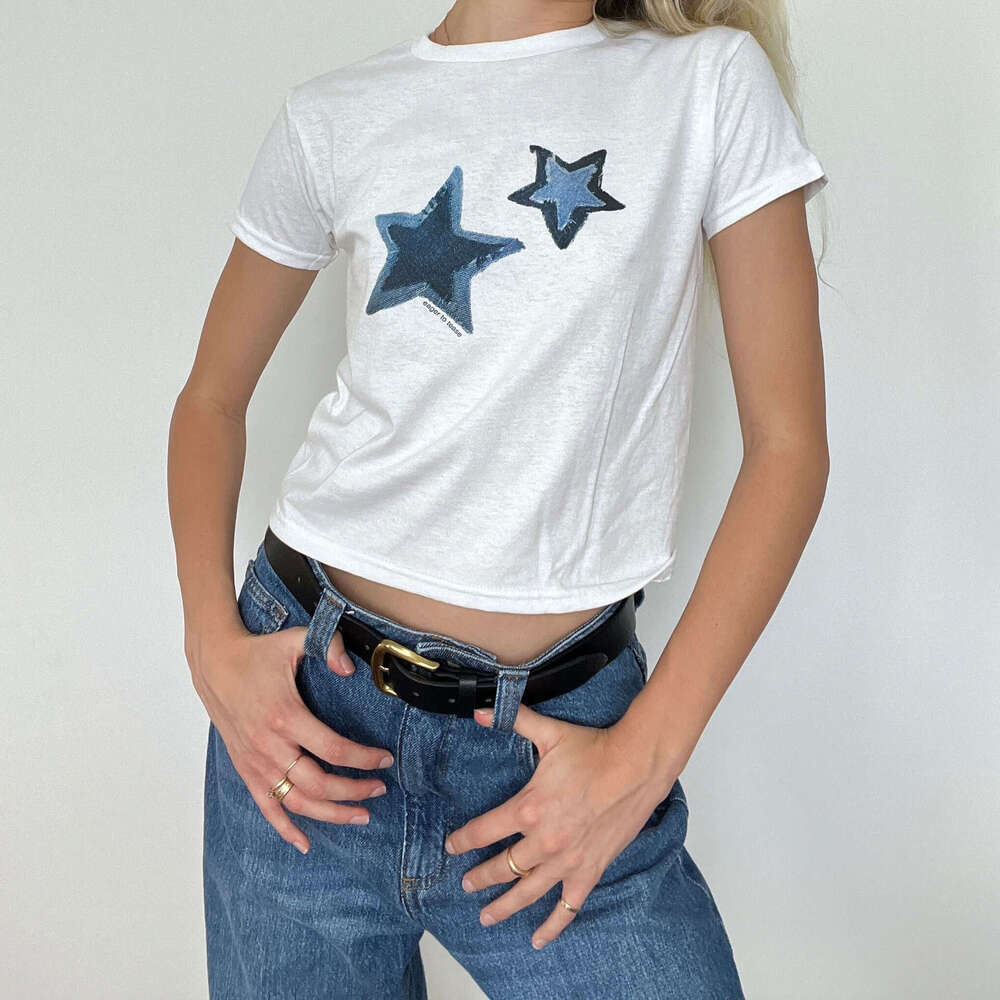 American Style Hot Girl Sleeve Women's Summer New Star Print Slim Fit T-Shirt High Short Top Trendy B5
